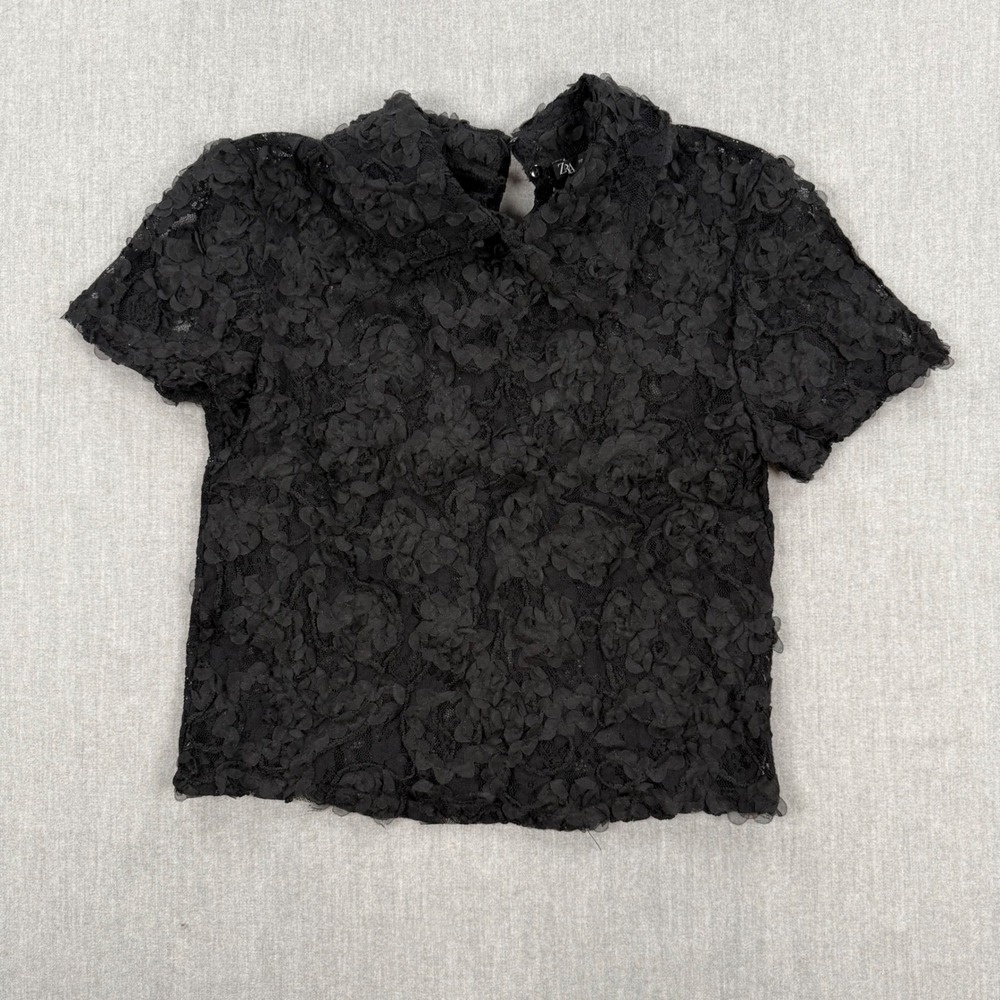 Zara Black 3D Floral Lace Applique Short Sleeve Blouse Top‎ Small